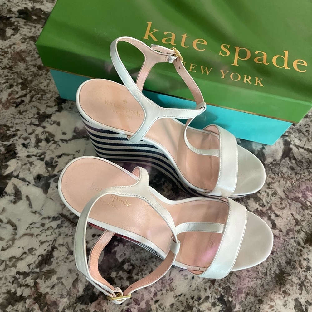 Kate Spade wedge wedges lobster 9.5 Striped Wedge Sandals  Lobster LEATHER - Picture 5 of 13